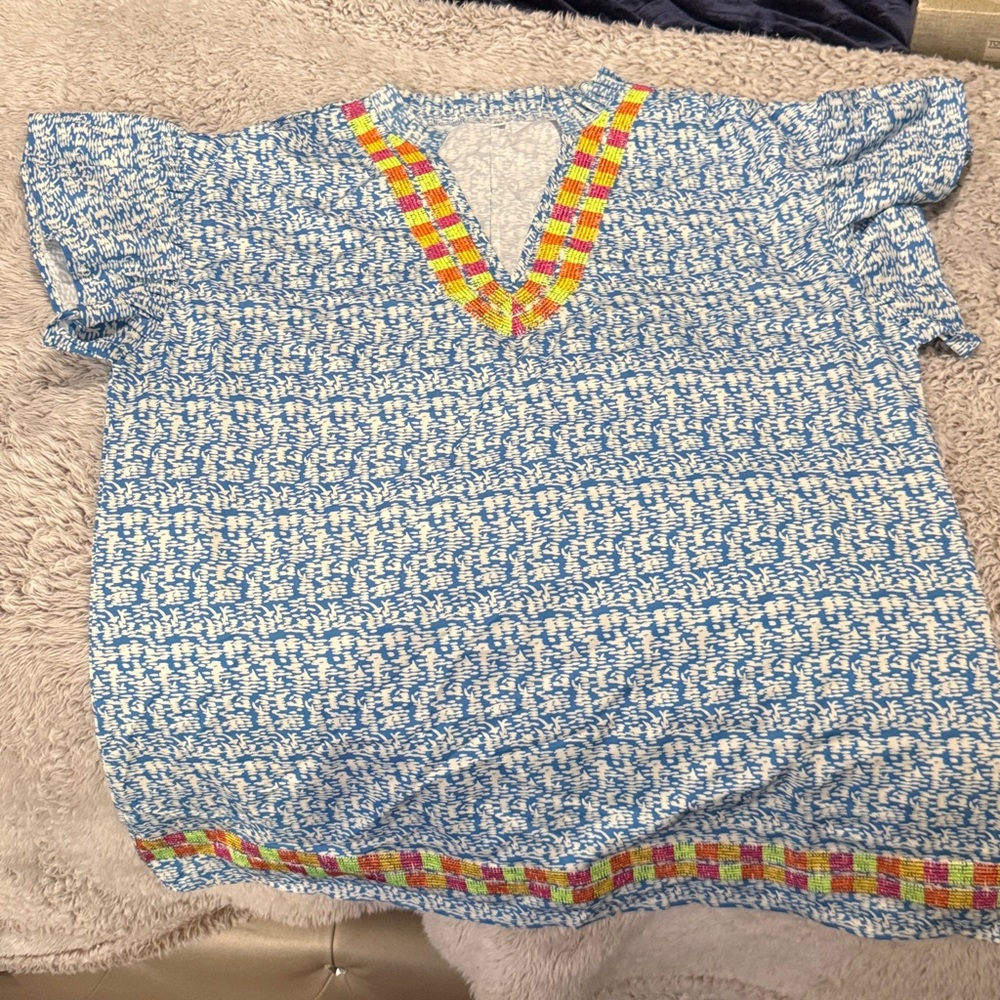 Blue and White Patterned Top with Colorful Trim
